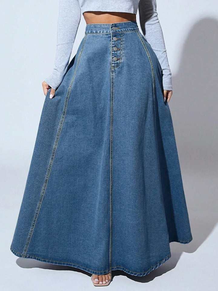 Classic Blue Jeans A-Line Skirt with Buttons