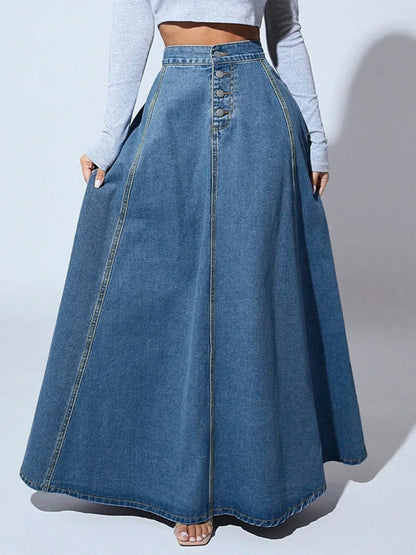 Classic Blue Jeans A-Line Skirt with Buttons