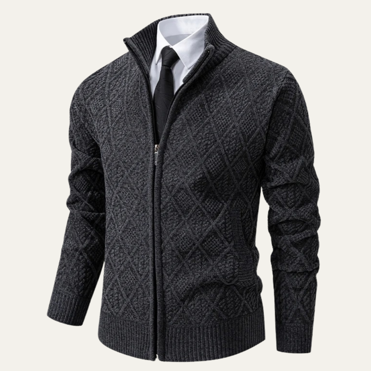 Men's Diamond Quilted Zip Up Knit Jacket with High Collar
