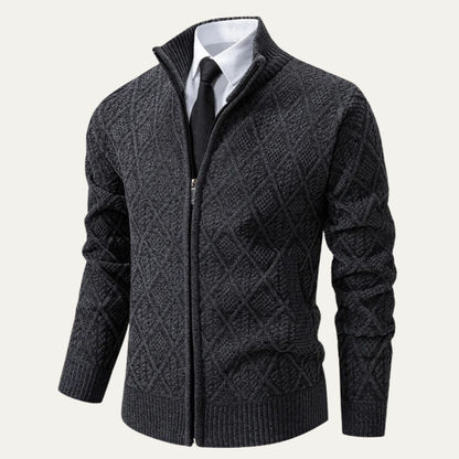 Men's Diamond Quilted Zip Up Knit Jacket with High Collar