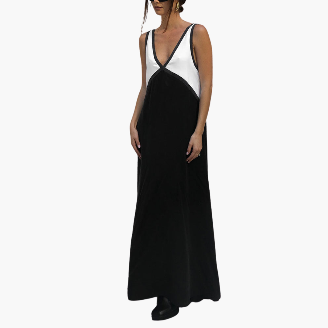 Casual V Neck Long Dress for Women Colorblock Style
