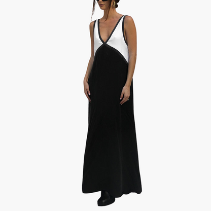 Casual V Neck Long Dress for Women Colorblock Style