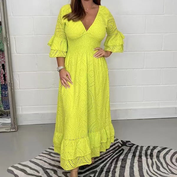 Ladies Embroidered V Neck Midi Dress