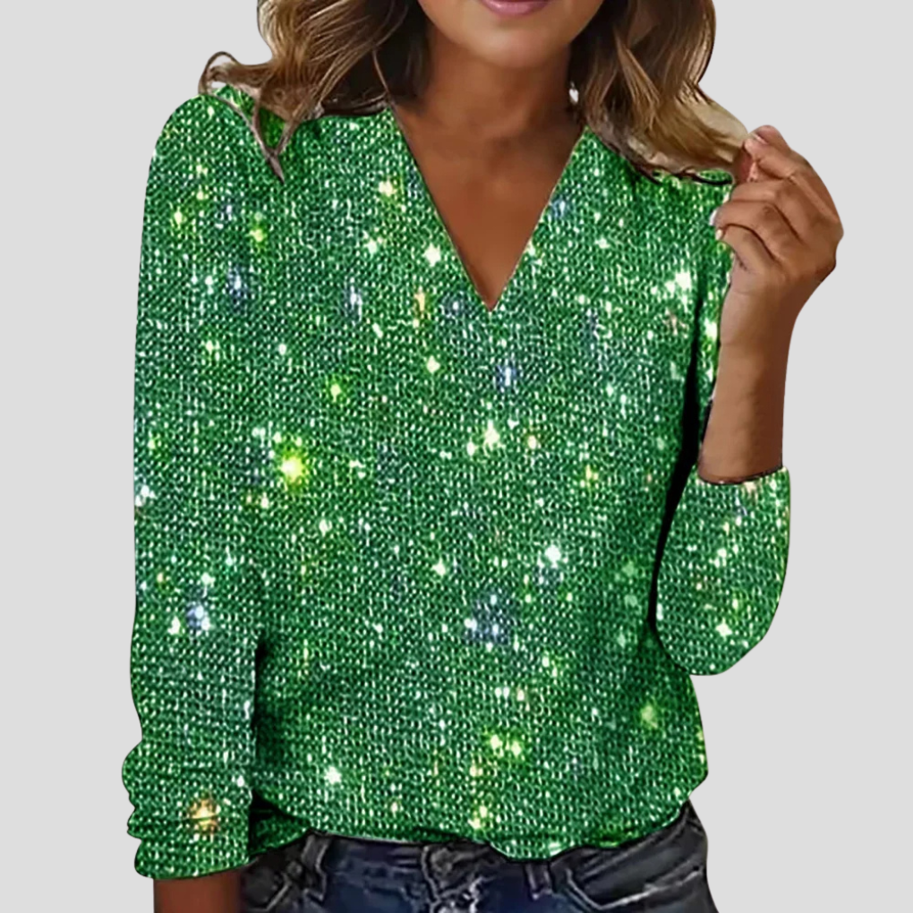 Sparkly Deep V Neck Long Sleeve Shirt