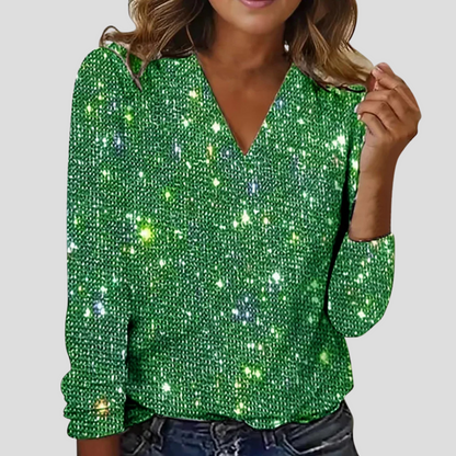 Sparkly Deep V Neck Long Sleeve Shirt