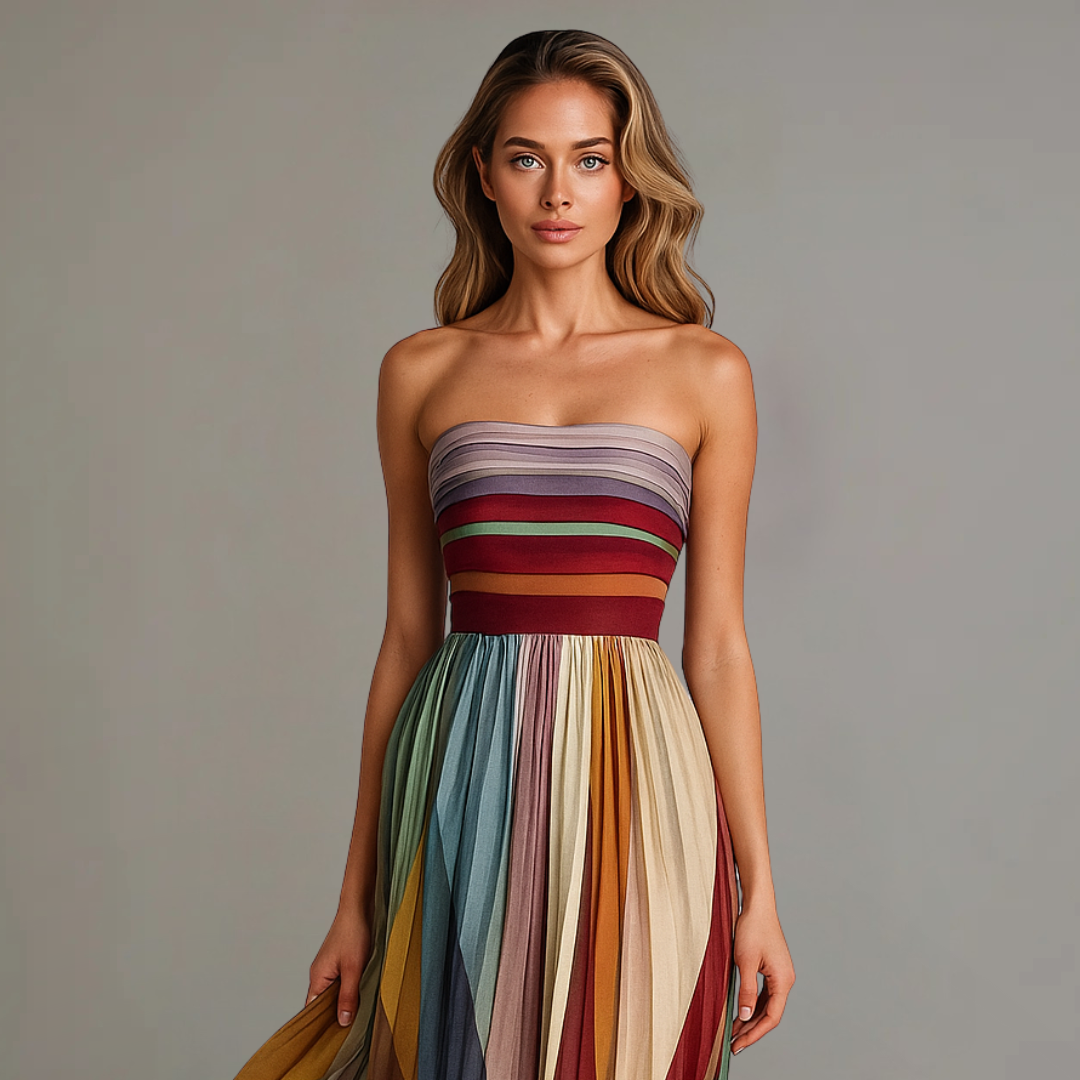 Sleeveless Flowy Maxi Dress with Colorful Vertical Stripes