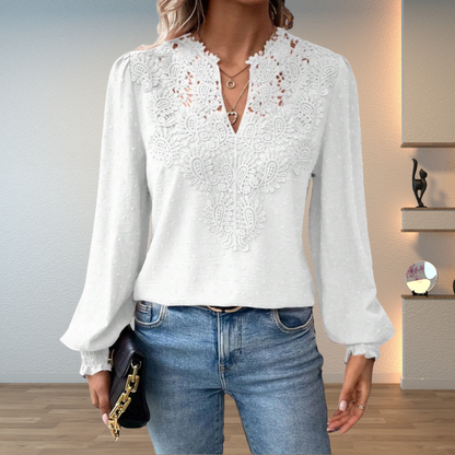Feminine Lace Trim V-Neck Long Sleeve Top