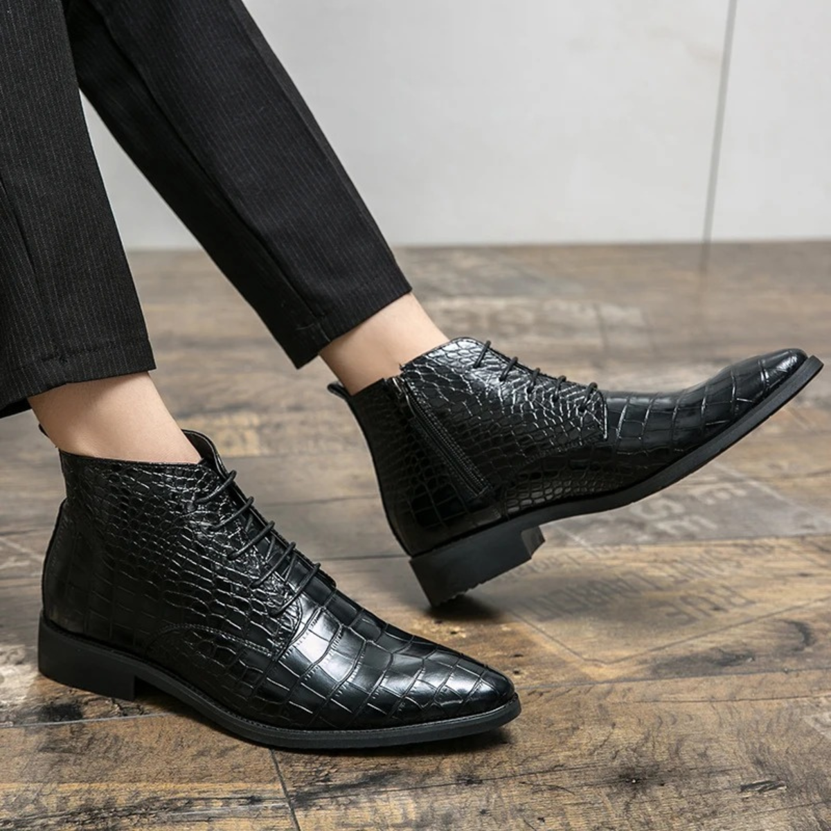 Men's Black Alligator Print Leather Ankle Boots