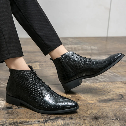 Men's Black Alligator Print Leather Ankle Boots