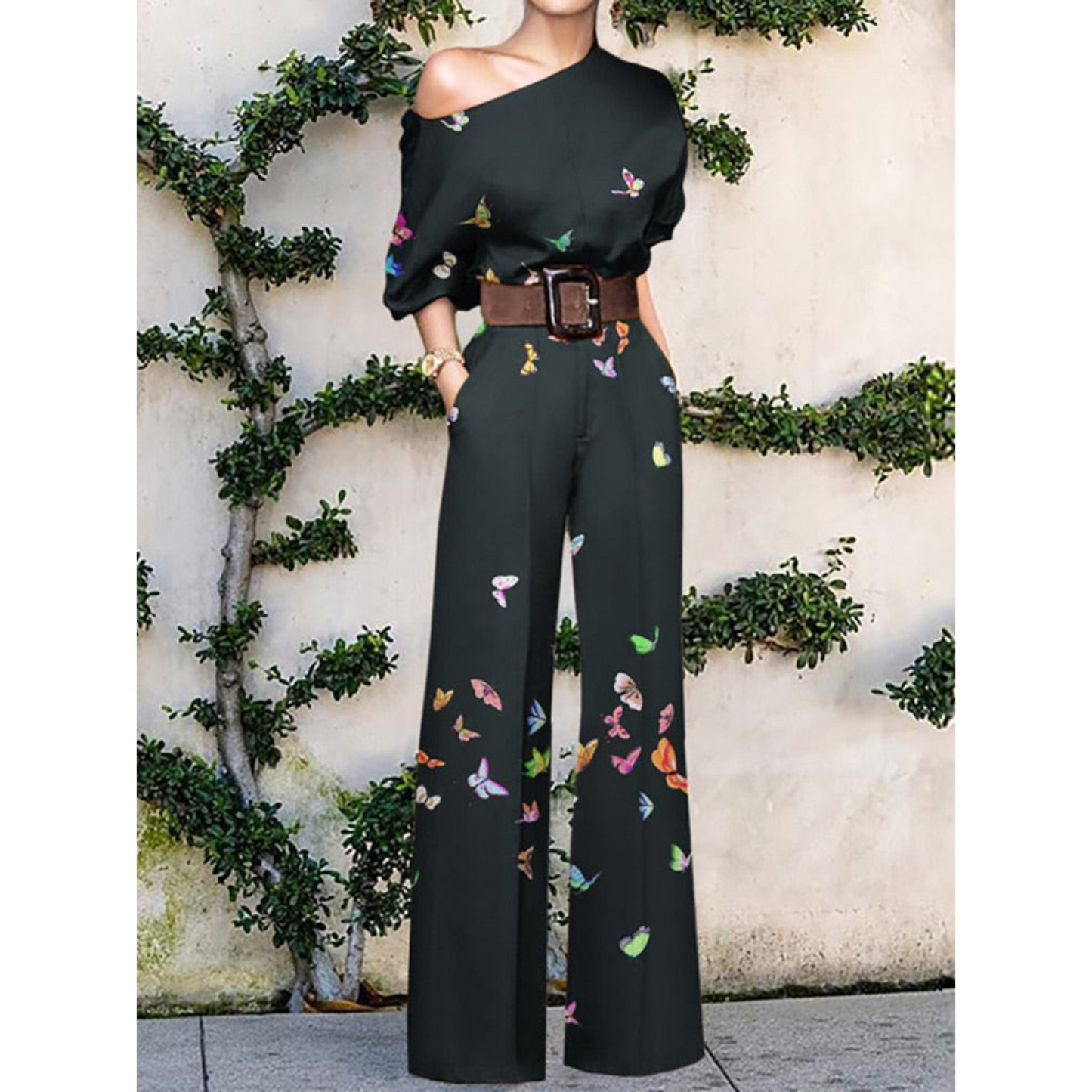 Women's One Shoulder Jumpsuit with Floral Print and Belted Waist - Nocini