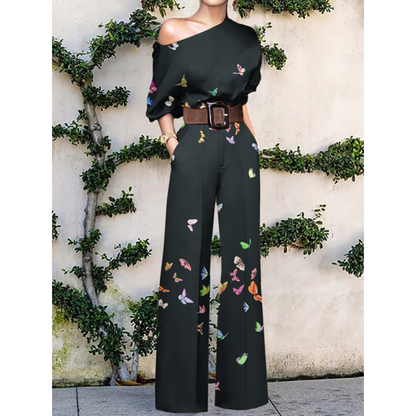 Women's One Shoulder Jumpsuit with Floral Print and Belted Waist - Nocini
