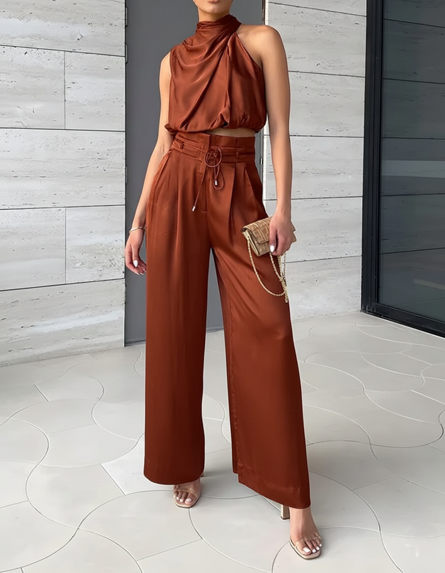 Ladies' Satin Jumpsuit Set - High Neck Top - Wide Leg Pants - Nocini