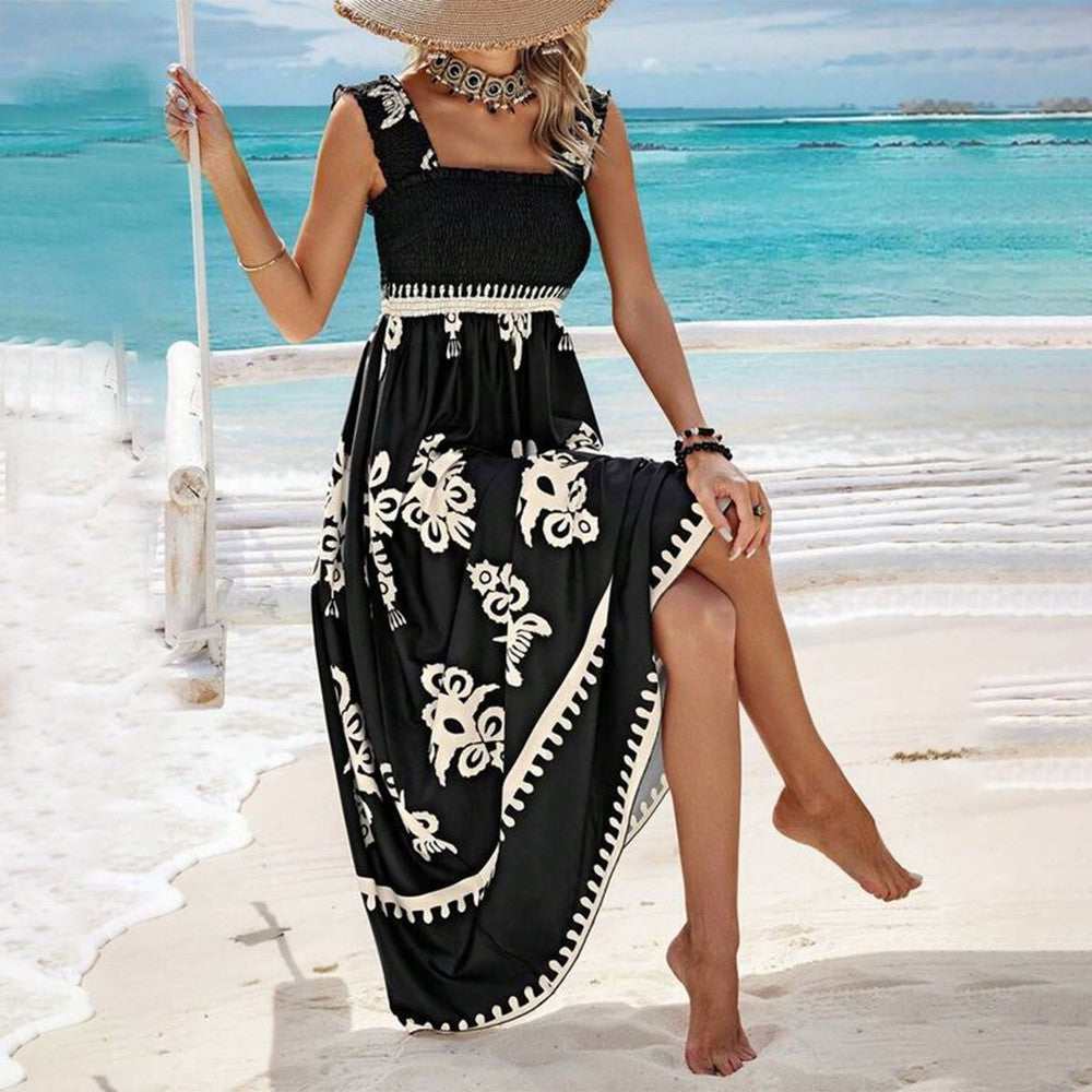Women's Floral V Neck Maxi Dress with Elastic Waist and Bell Sleeves