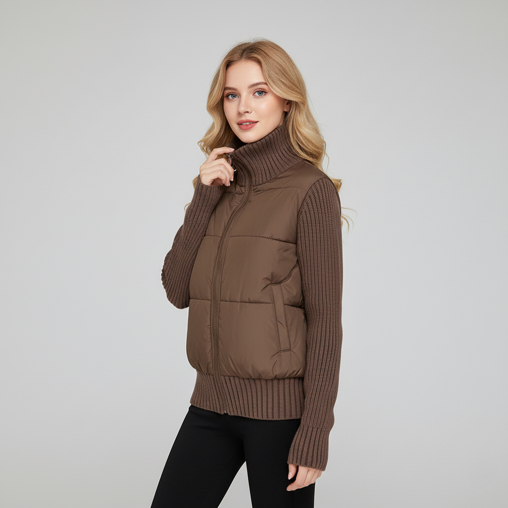 Warm Fleece Lined Puffer Coat with High Collar - Nocini