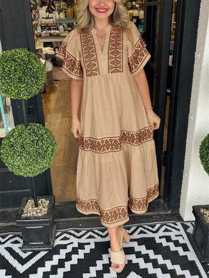 Ladies' Floral V-Neck Summer Midi Dress with Cap Sleeves