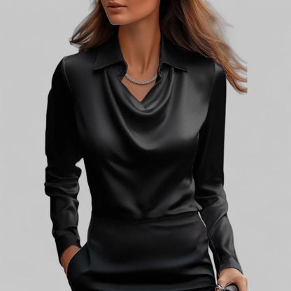 Elegant Women's V Neck Long Satin Blouse