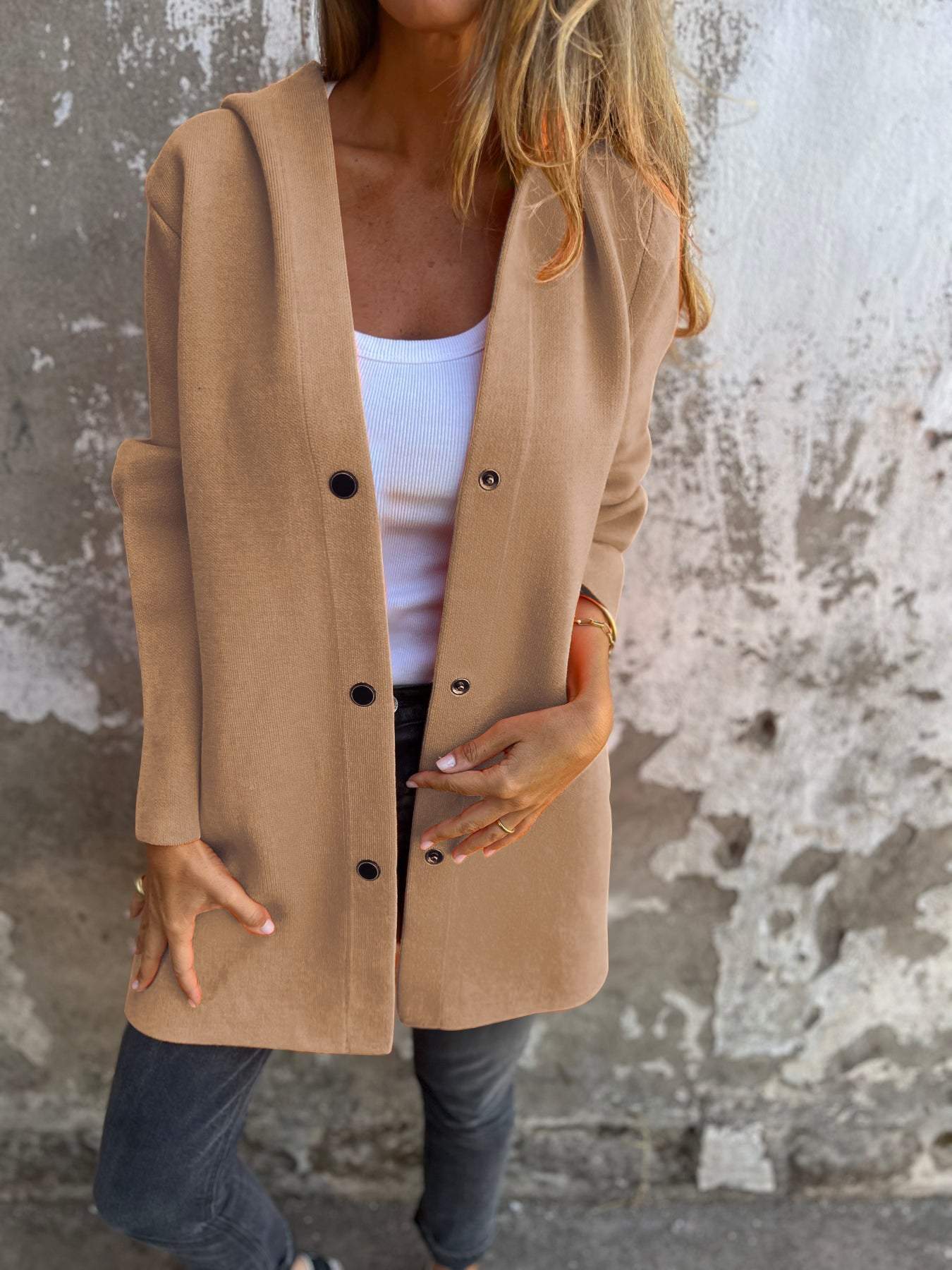 Warm Women's Coat with Hood and Button Front