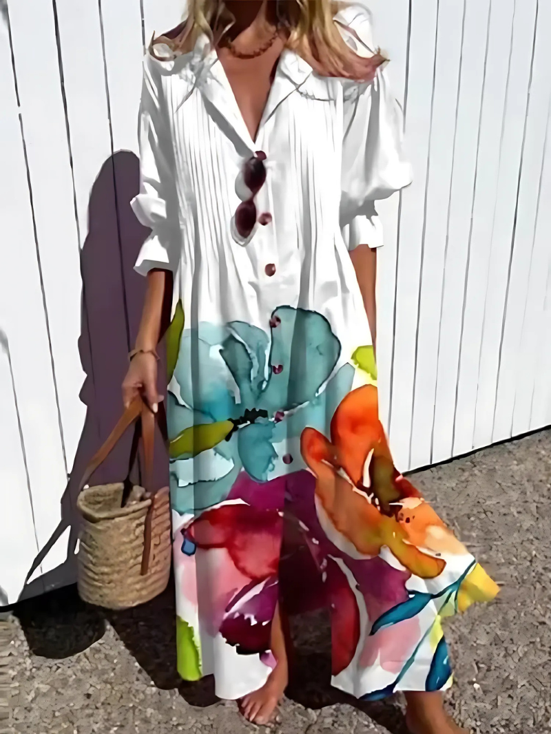 Loose Fit Maxi Dress with Leaf Pattern and Buttons