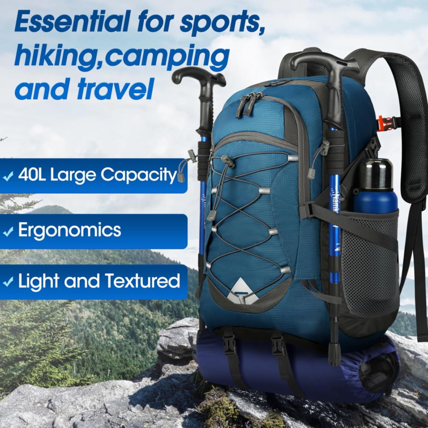 Compact 40L Water Resistant Hiking Backpack