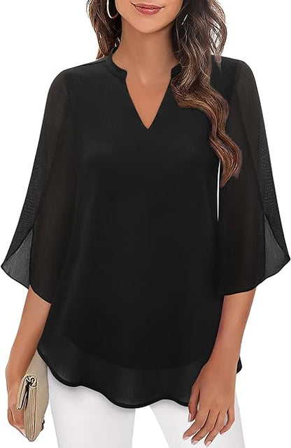 Ladies' Flowy Chiffon Ruffle Blouse - Nocini
