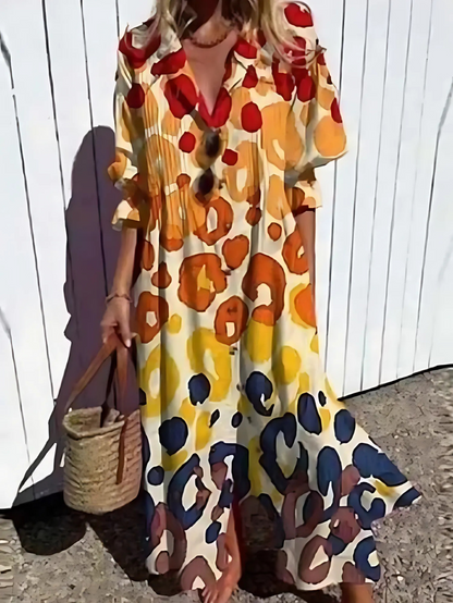 Loose Fit Maxi Dress with Leaf Pattern and Buttons