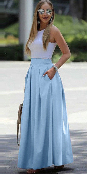 Long Flowy Maxi Skirt with Pockets High Waist Style
