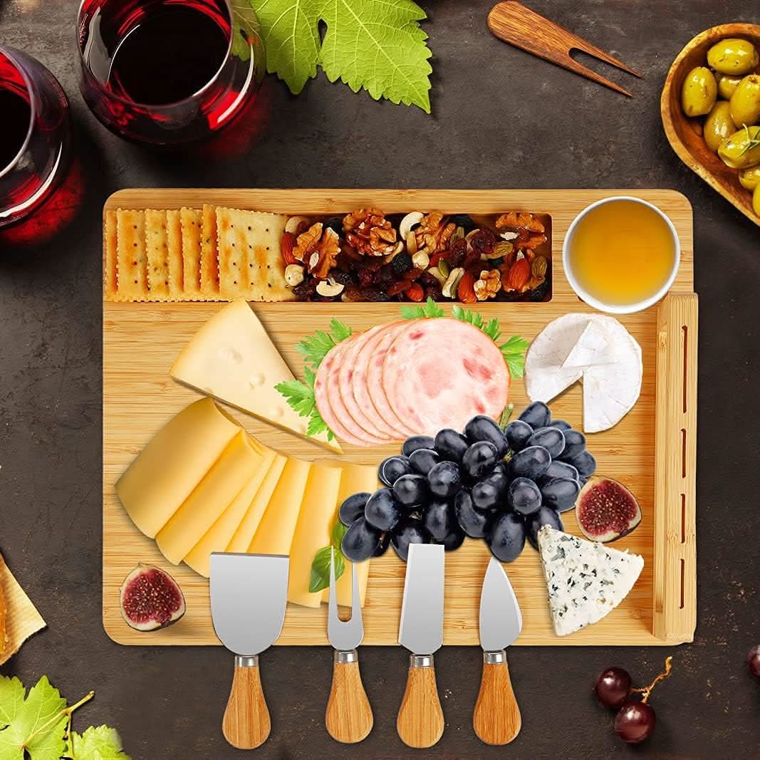Contemporary Bamboo Cheese Board Set With Built-In Knife Holder
