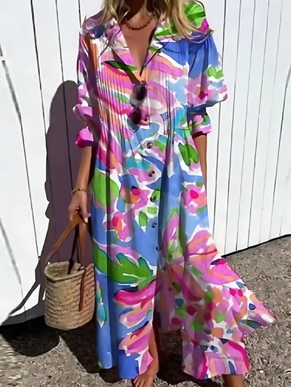 Loose Fit Maxi Dress with Leaf Pattern and Buttons