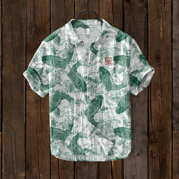 Casual Men's Linen Shirt with Fishing Print