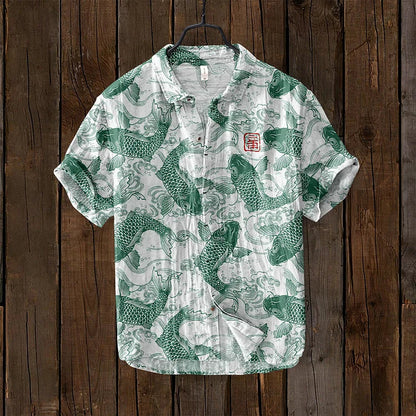 Casual Men's Linen Shirt with Fishing Print