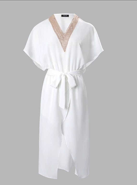 Classic Simple V Neck White Dress - Olytrend