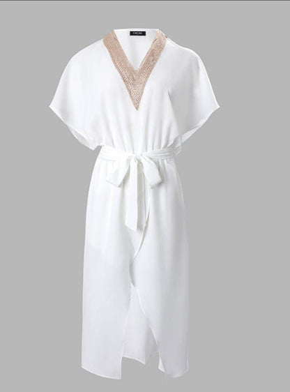 Classic Simple V Neck White Midi Dress - Olytrend