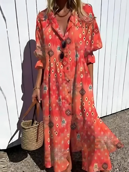 Loose Fit Maxi Dress with Leaf Pattern and Buttons