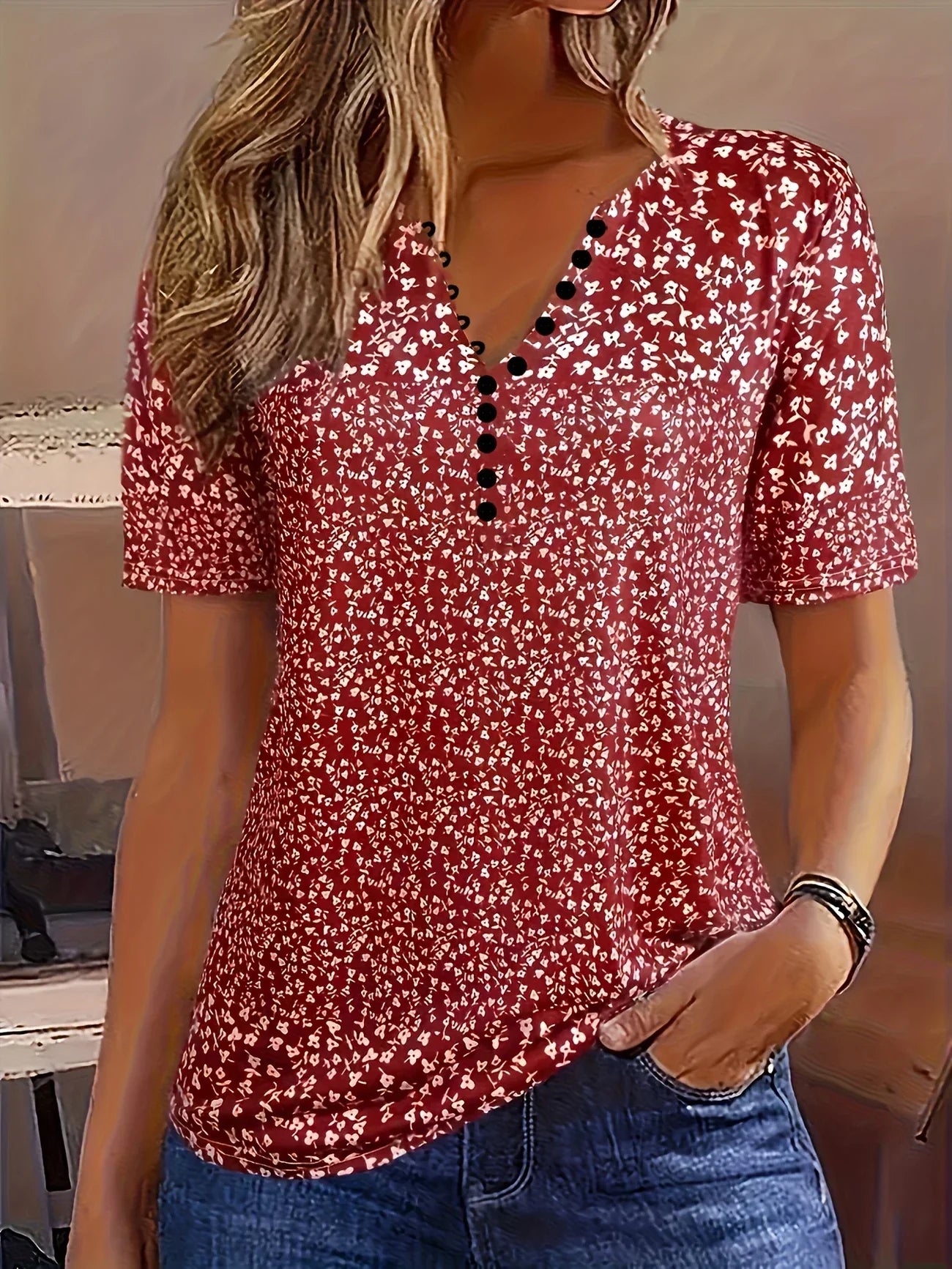 Relaxed Fit V Neck Short Sleeve Women's Top