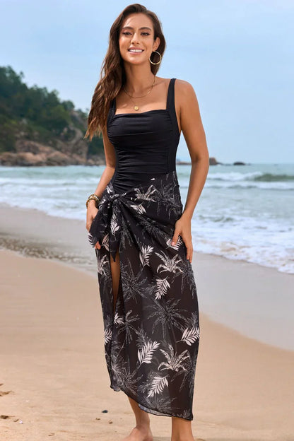 Women's Floral Swim Dress - Square Neck - Tie Waist