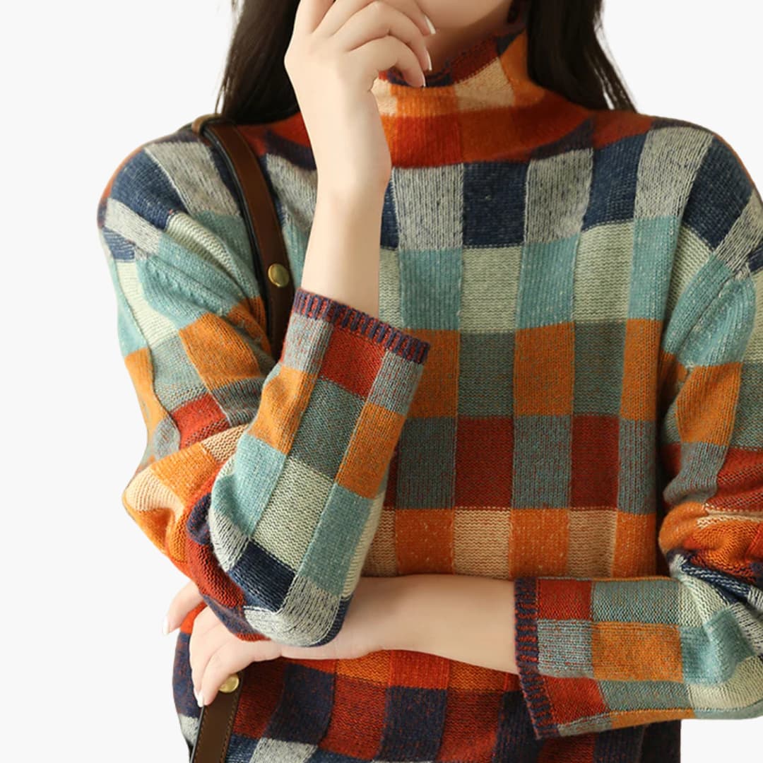 Casual Plaid Crew Neck Wool Sweater for Women
