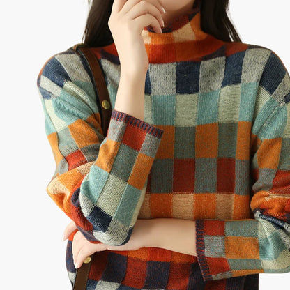 Casual Plaid Crew Neck Wool Sweater for Women