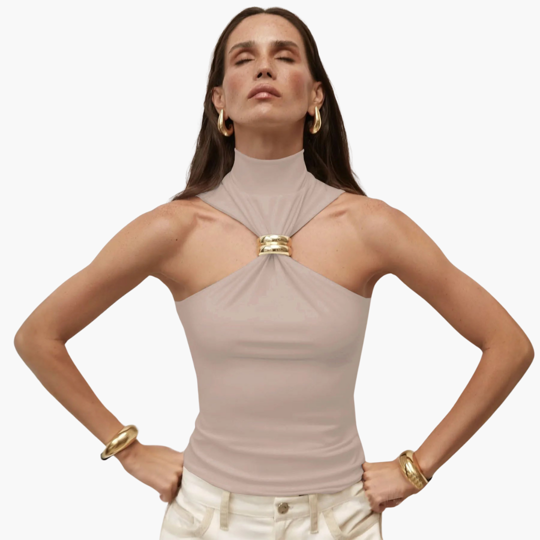 Elegant High Neck Halter Top for Women with Gold Detail