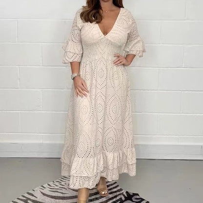 Ladies Embroidered V Neck Midi Dress