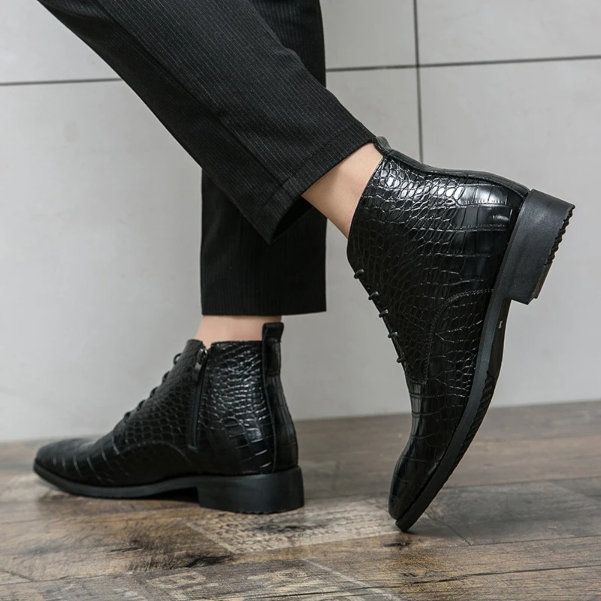 Men's Black Alligator Print Leather Ankle Boots