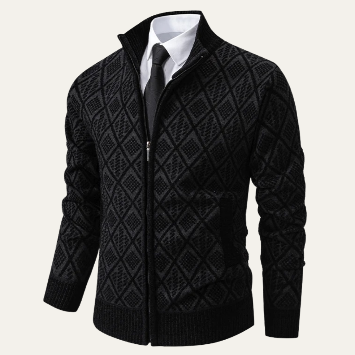 Men's Diamond Quilted Zip Up Knit Jacket with High Collar