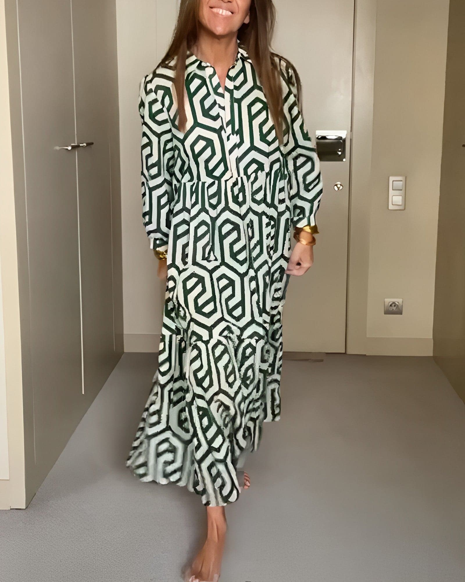 Relaxed Fit Long Sleeve Maxi Dress with Buttons - Nocini