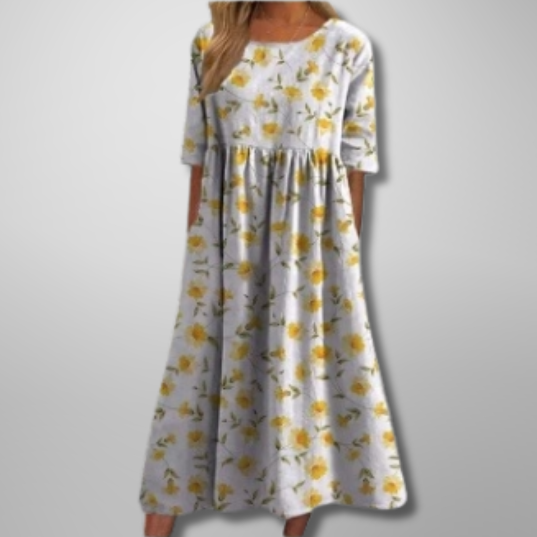 Ladies Vintage Floral A-Line Maxi Dress with Cap Sleeves