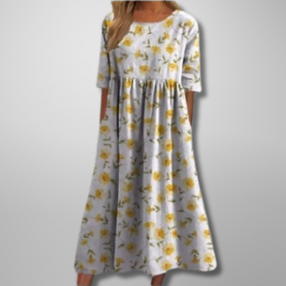 Ladies Vintage Floral A-Line Maxi Dress with Cap Sleeves