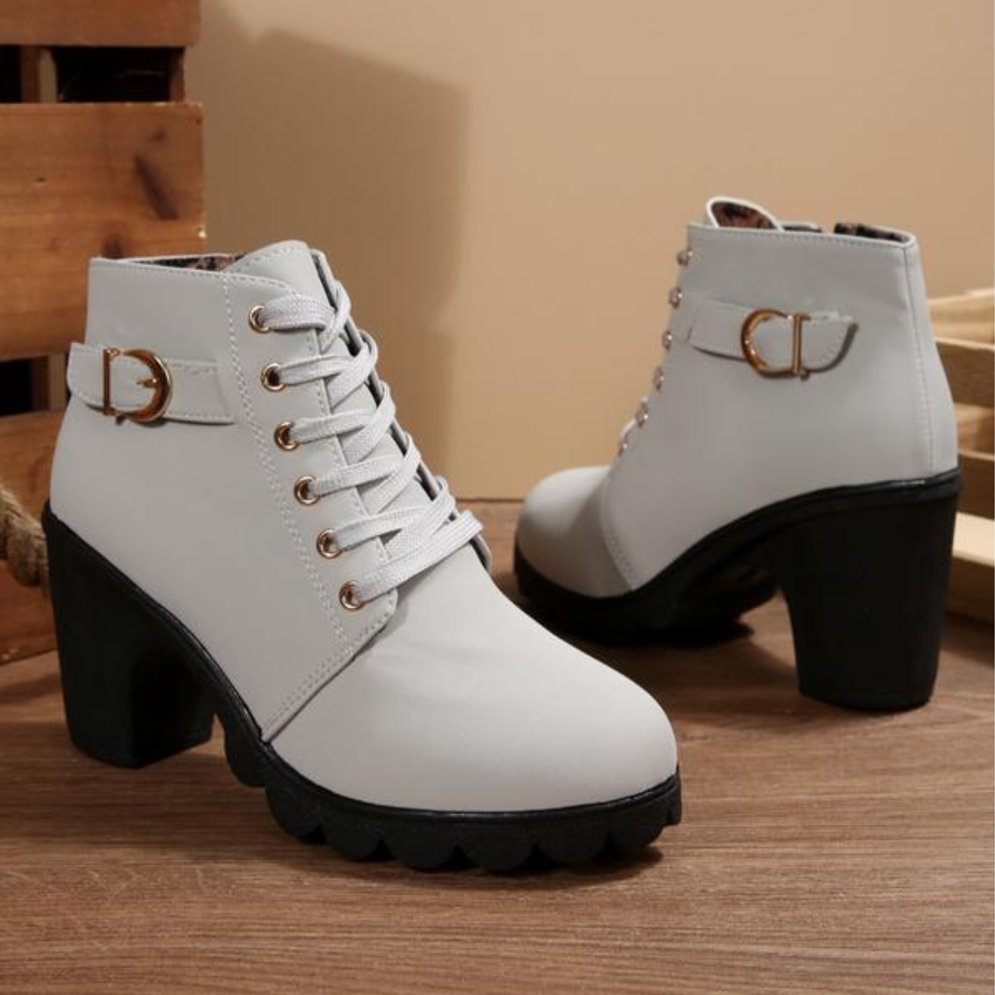 Fashionable Buckle Detail Block Heel Boots
