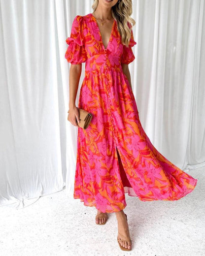 Casual V-Neck Maxi Dress with Puffy Sleeves and Floral Print - Nocini