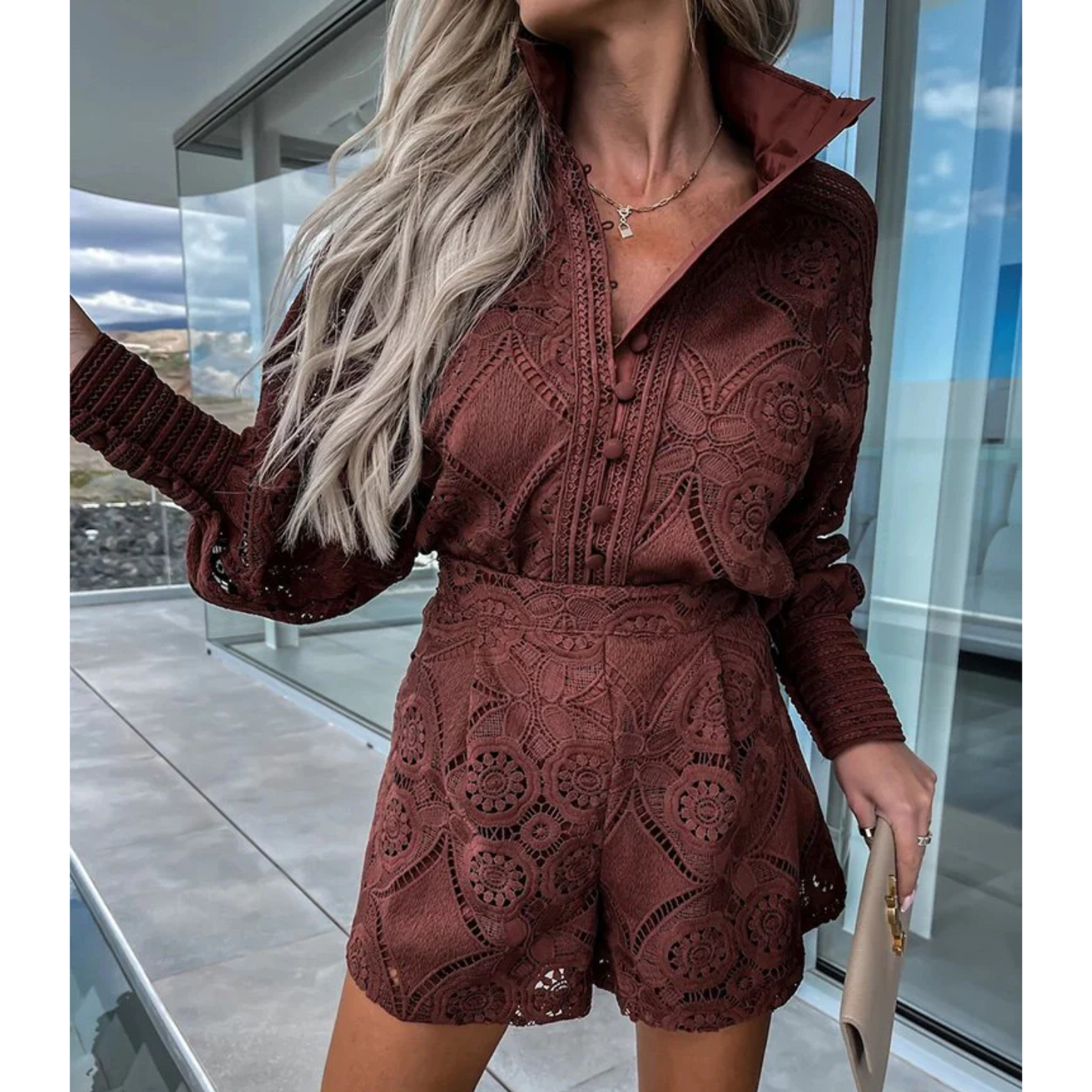 Feminine Lace Jumpsuit with Buttons and Long Sleeves