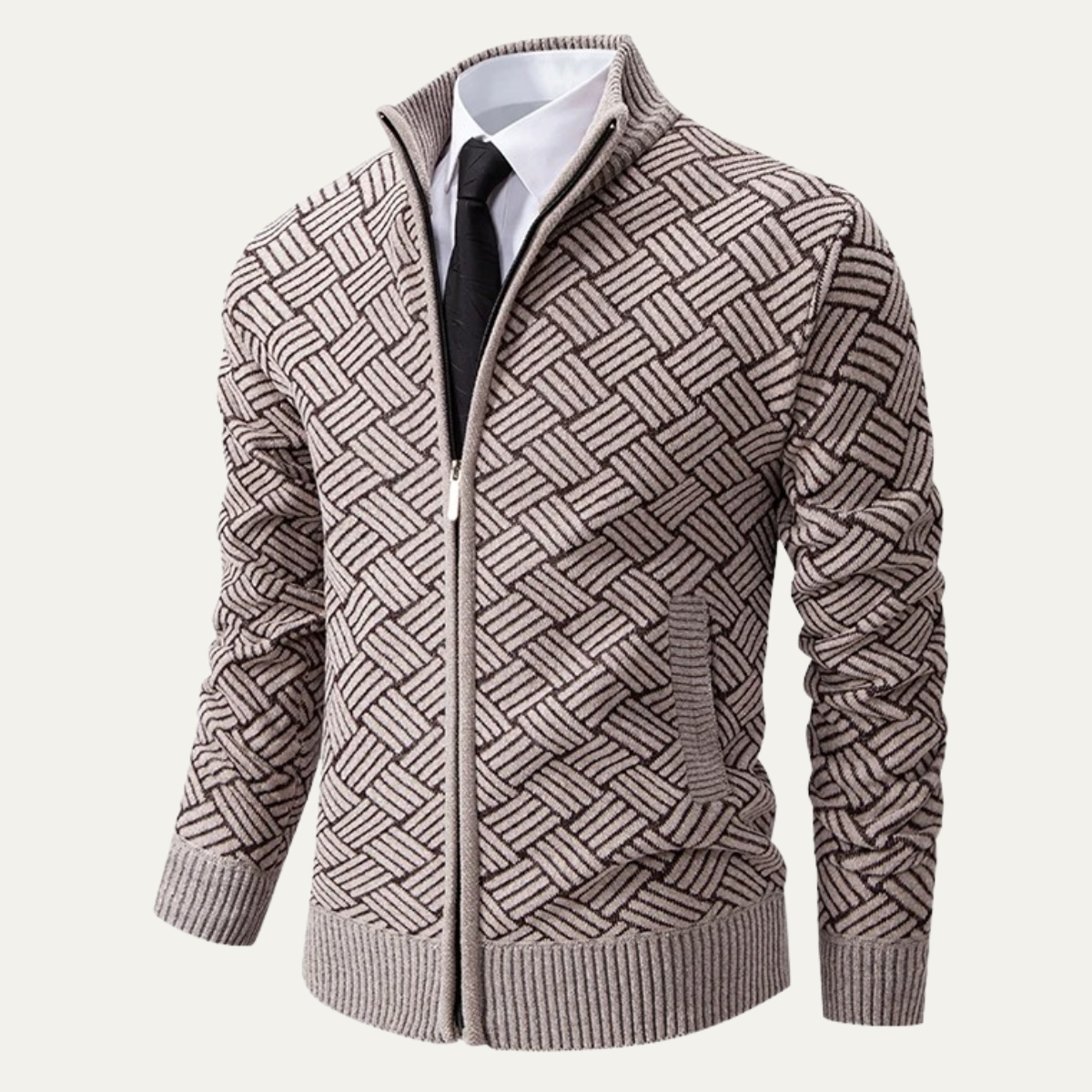 Classic Mens Knit Patterned Stand Collar Jacket