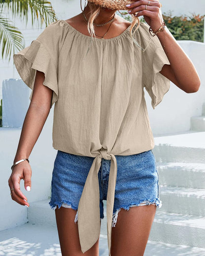 Ladies Loose Fit Ruffle Top with Tie Neckline