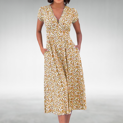 Ladies' Pretty Flower V-Neck Summer Dress with Pockets - Nocini